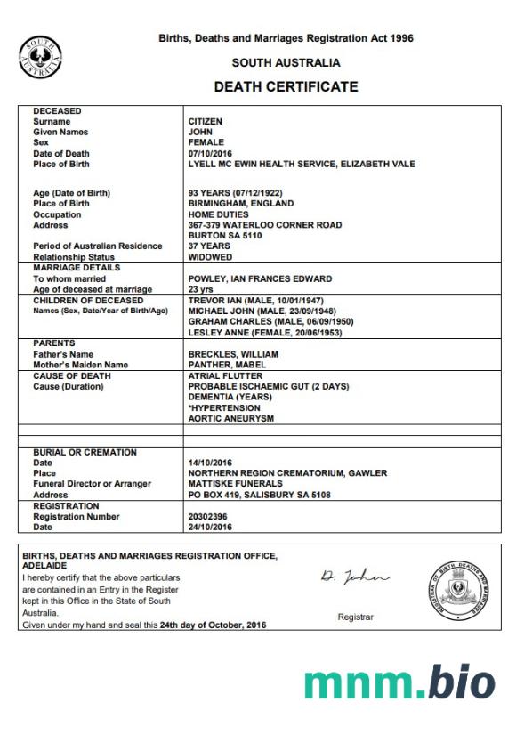Australia South Australia śmierć certyfikat szablon w formacie Word